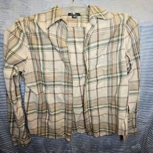 Lauren Jeans Co Ralph Lauren Plaid Flannel ButtonUp Women XS Tan Green Brown LSl